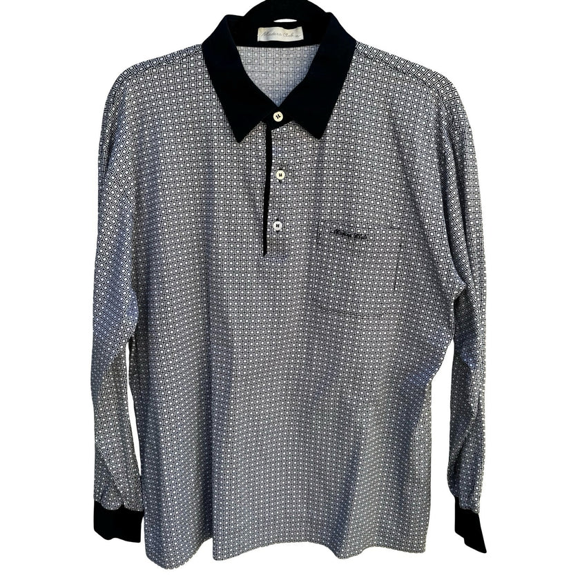 Madera Club Vintage Mens L Long Sleeve Polo Shirt Black White Geometric Print