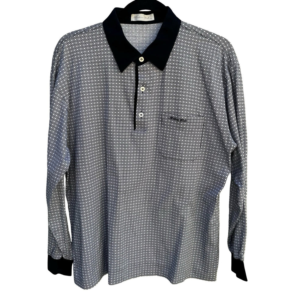 Madera Club Vintage Mens L Long Sleeve Polo Shirt Black White Geometric Print