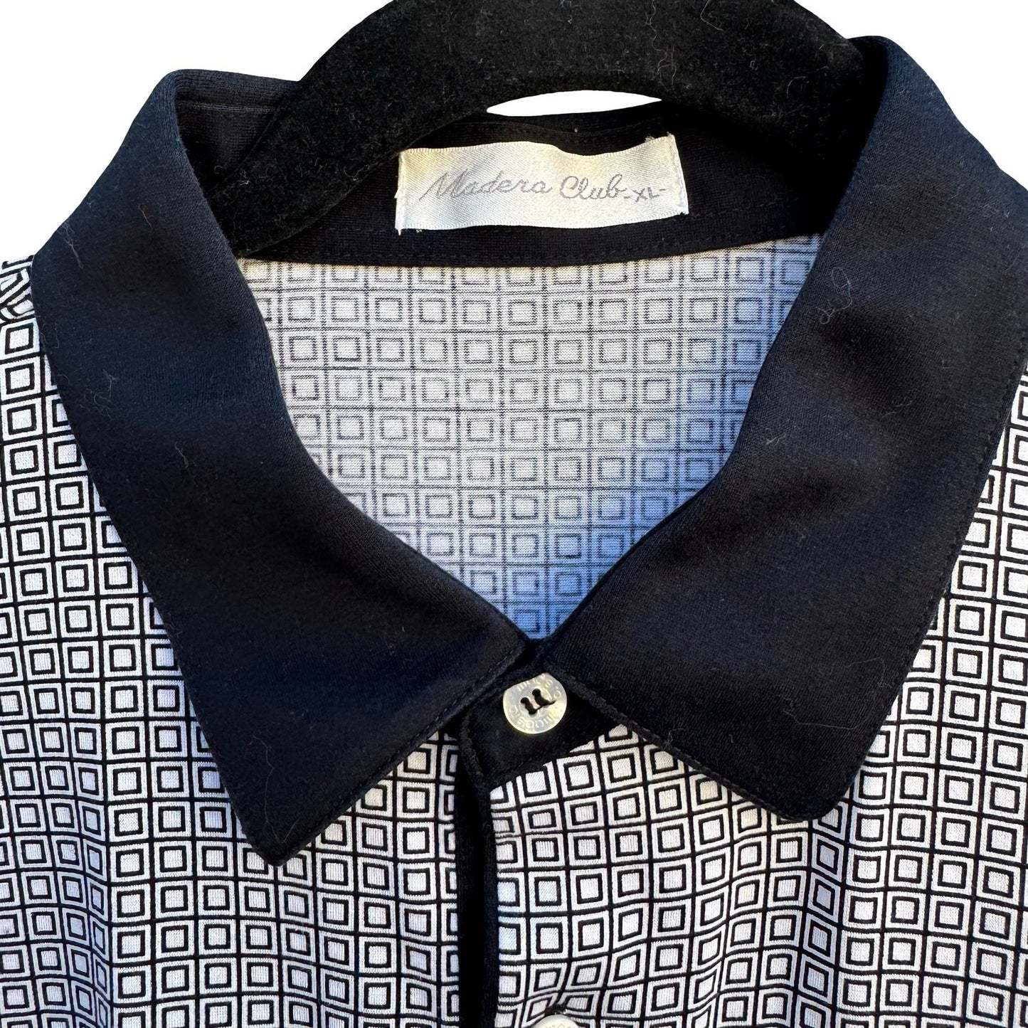 Madera Club Vintage Mens L Long Sleeve Polo Shirt Black White Geometric Print