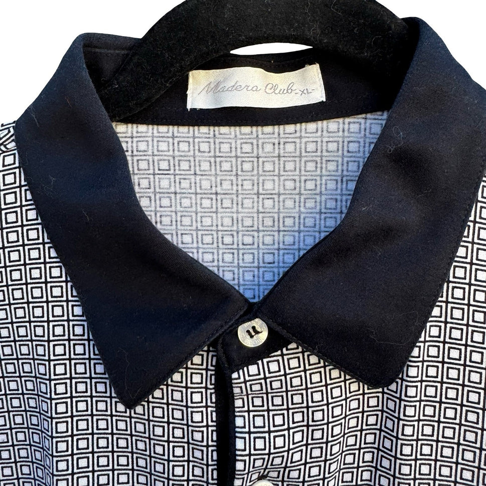 Madera Club Vintage Mens L Long Sleeve Polo Shirt Black White Geometric Print