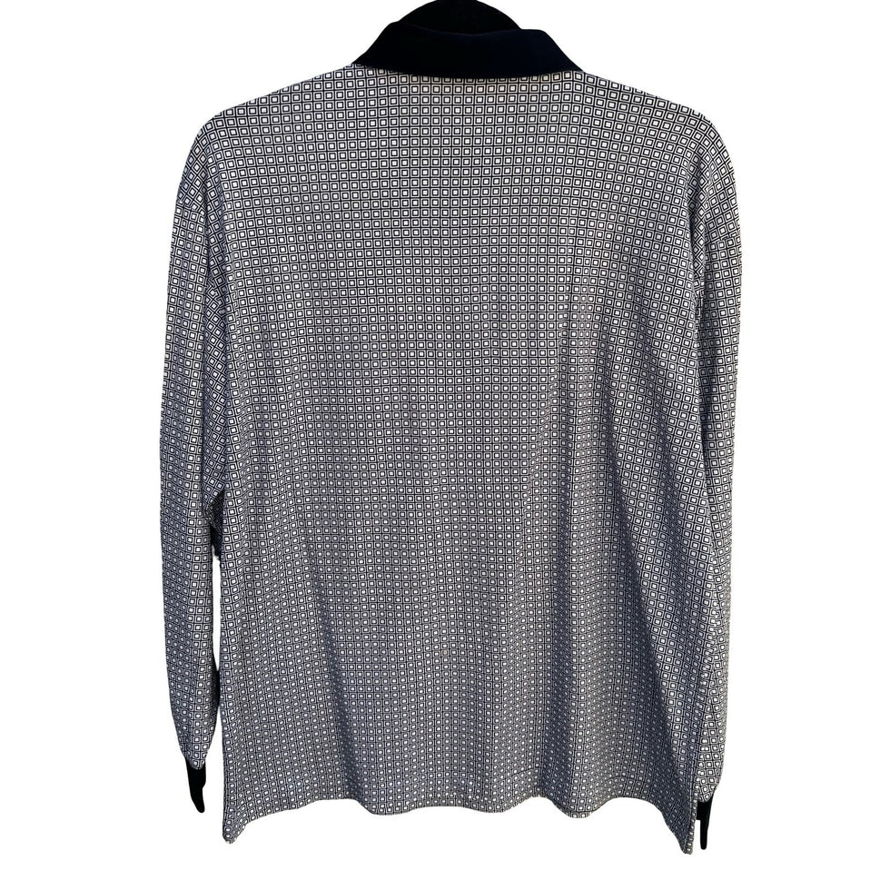 Madera Club Vintage Mens L Long Sleeve Polo Shirt Black White Geometric Print