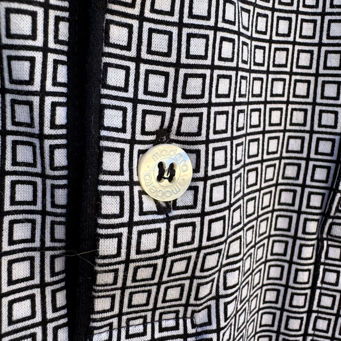 Madera Club Vintage Mens L Long Sleeve Polo Shirt Black White Geometric Print