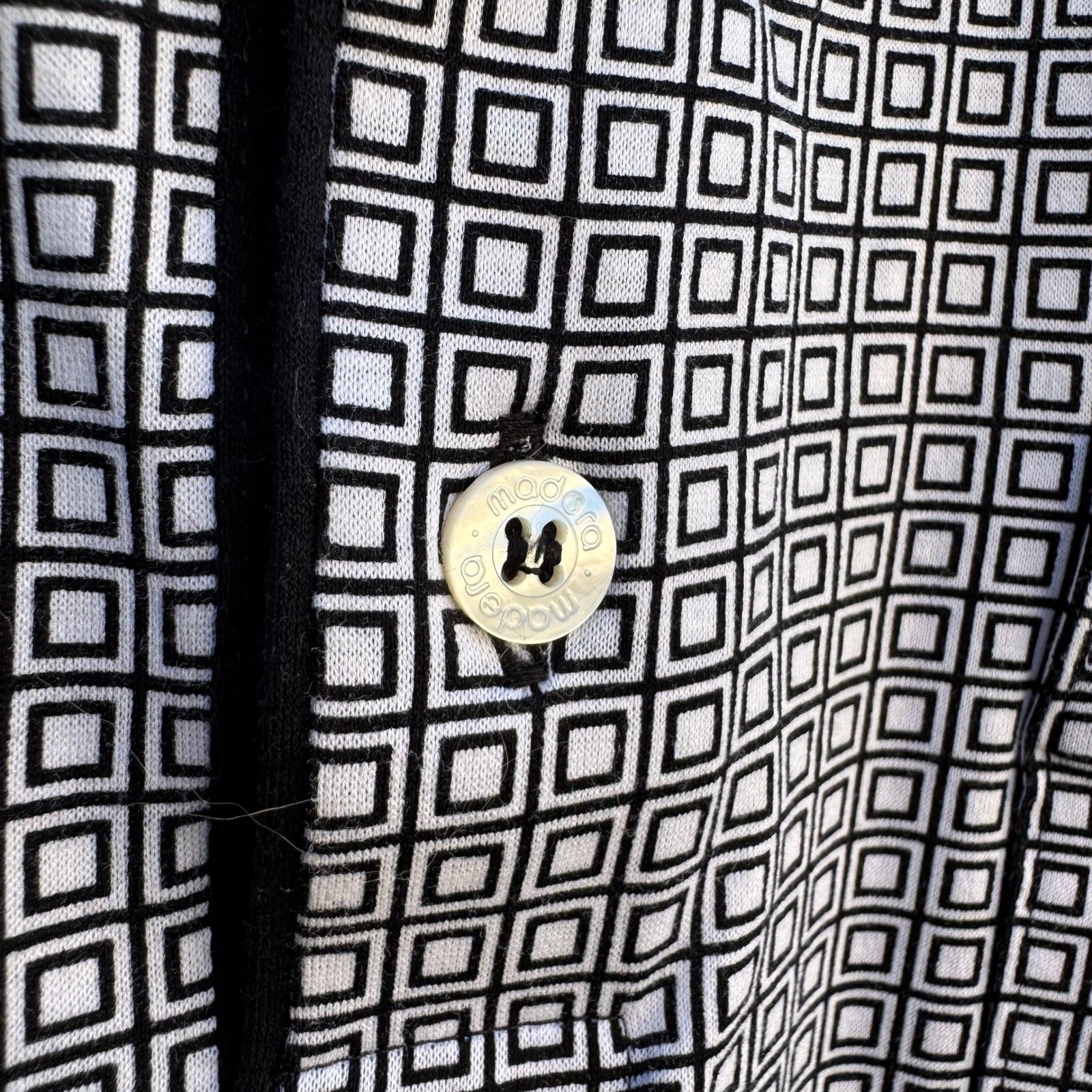 Madera Club Vintage Mens L Long Sleeve Polo Shirt Black White Geometric Print