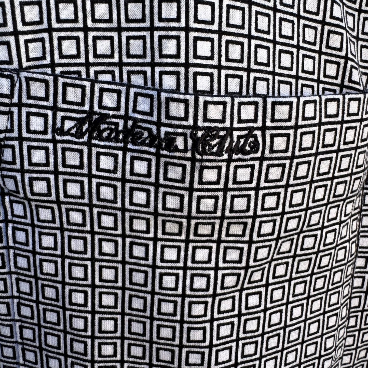 Madera Club Vintage Mens L Long Sleeve Polo Shirt Black White Geometric Print