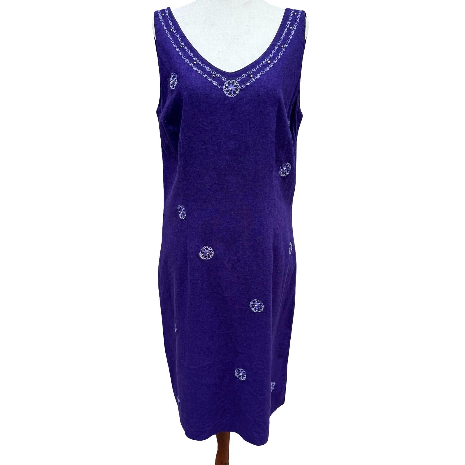 Sag Harbor Purple Linen Blend Embroidered Beaded V-Neck Sheath Dress Sze 10 Boho