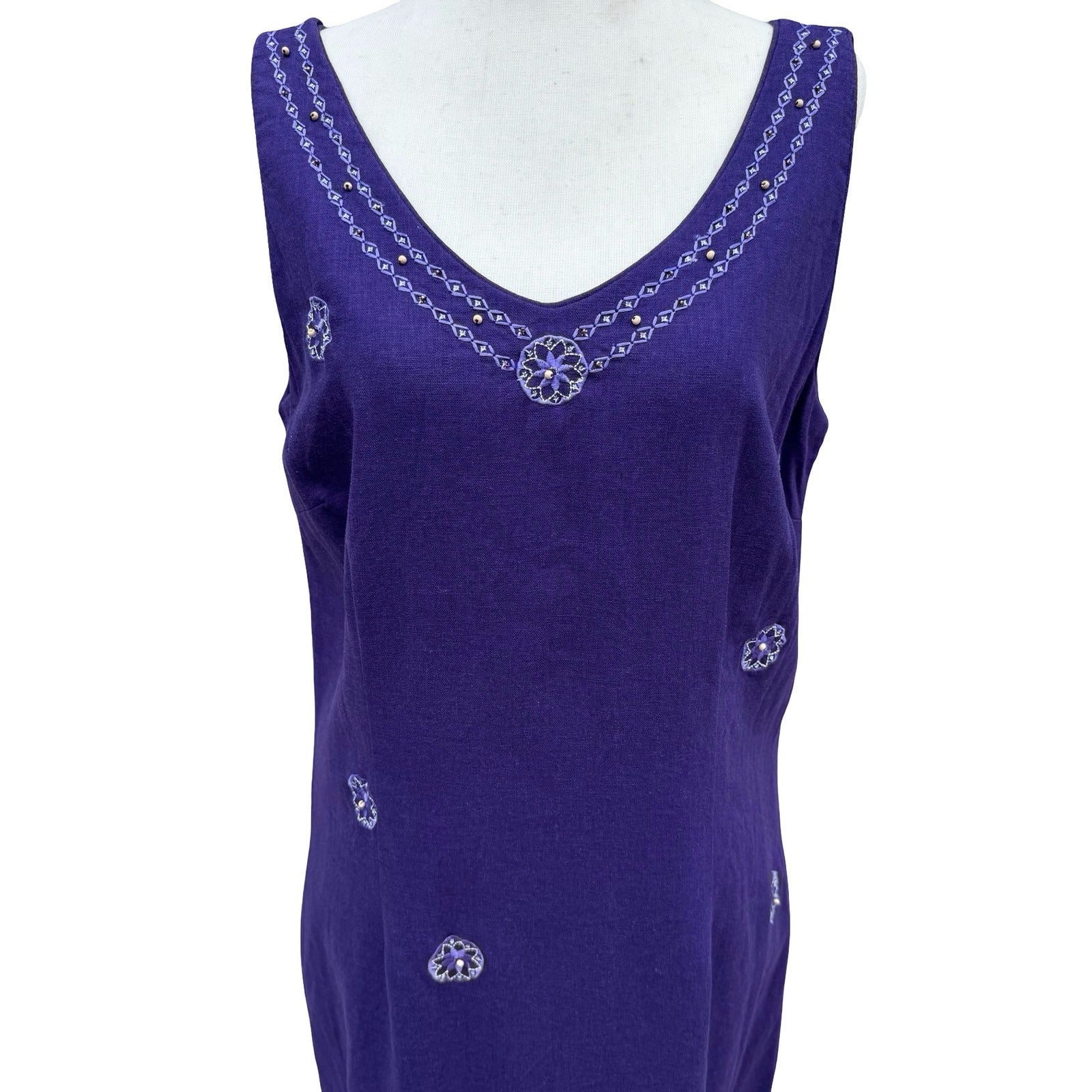Sag Harbor Purple Linen Blend Embroidered Beaded V-Neck Sheath Dress Sze 10 Boho