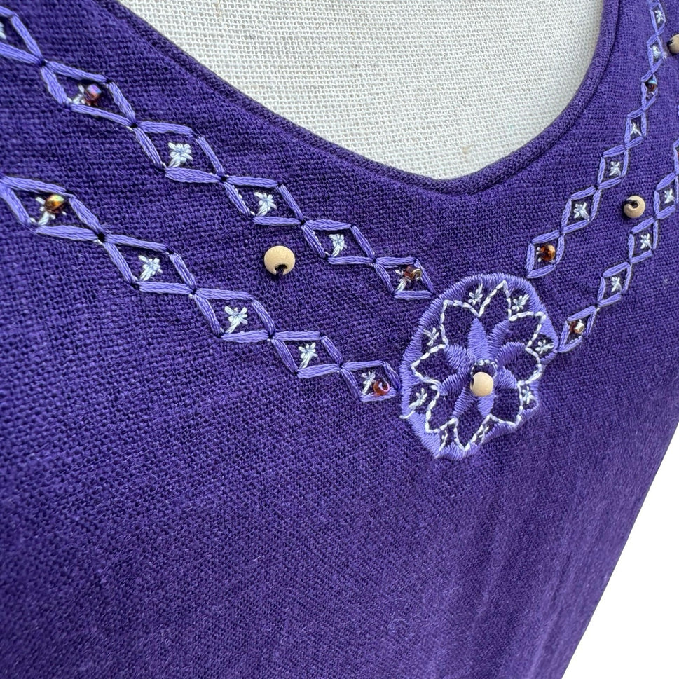 Sag Harbor Purple Linen Blend Embroidered Beaded V-Neck Sheath Dress Sze 10 Boho