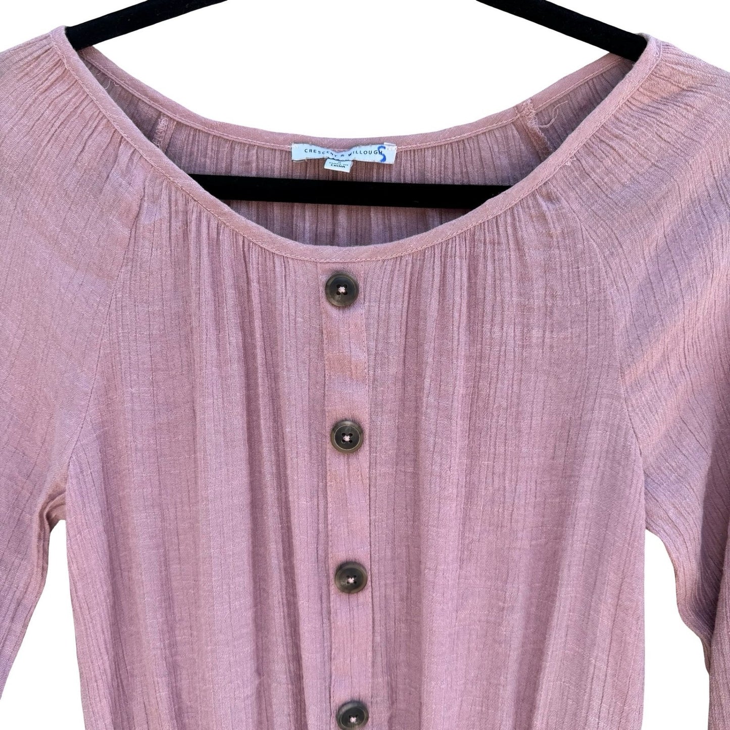Crescent & Willough Pink Crinkle Gauze Smocked Button Up Blouse S Boho Romantic