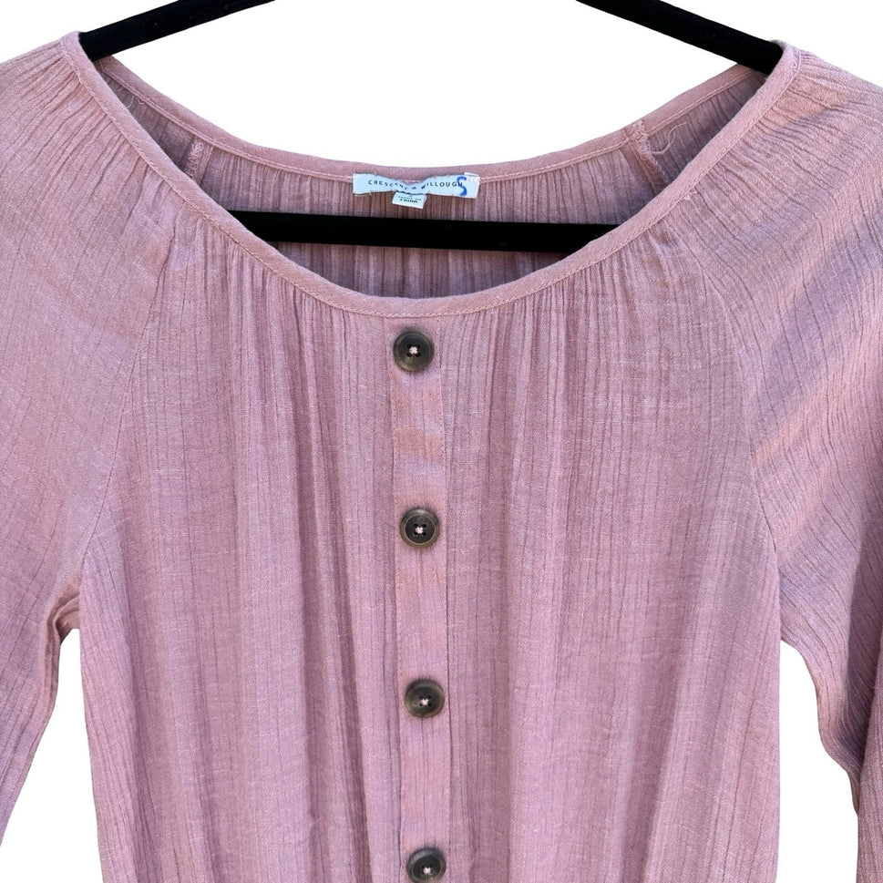 Crescent & Willough Pink Crinkle Gauze Smocked Button Up Blouse S Boho Romantic