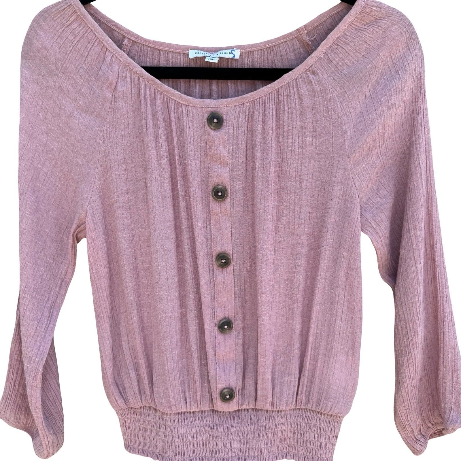 Crescent & Willough Pink Crinkle Gauze Smocked Button Up Blouse S Boho Romantic