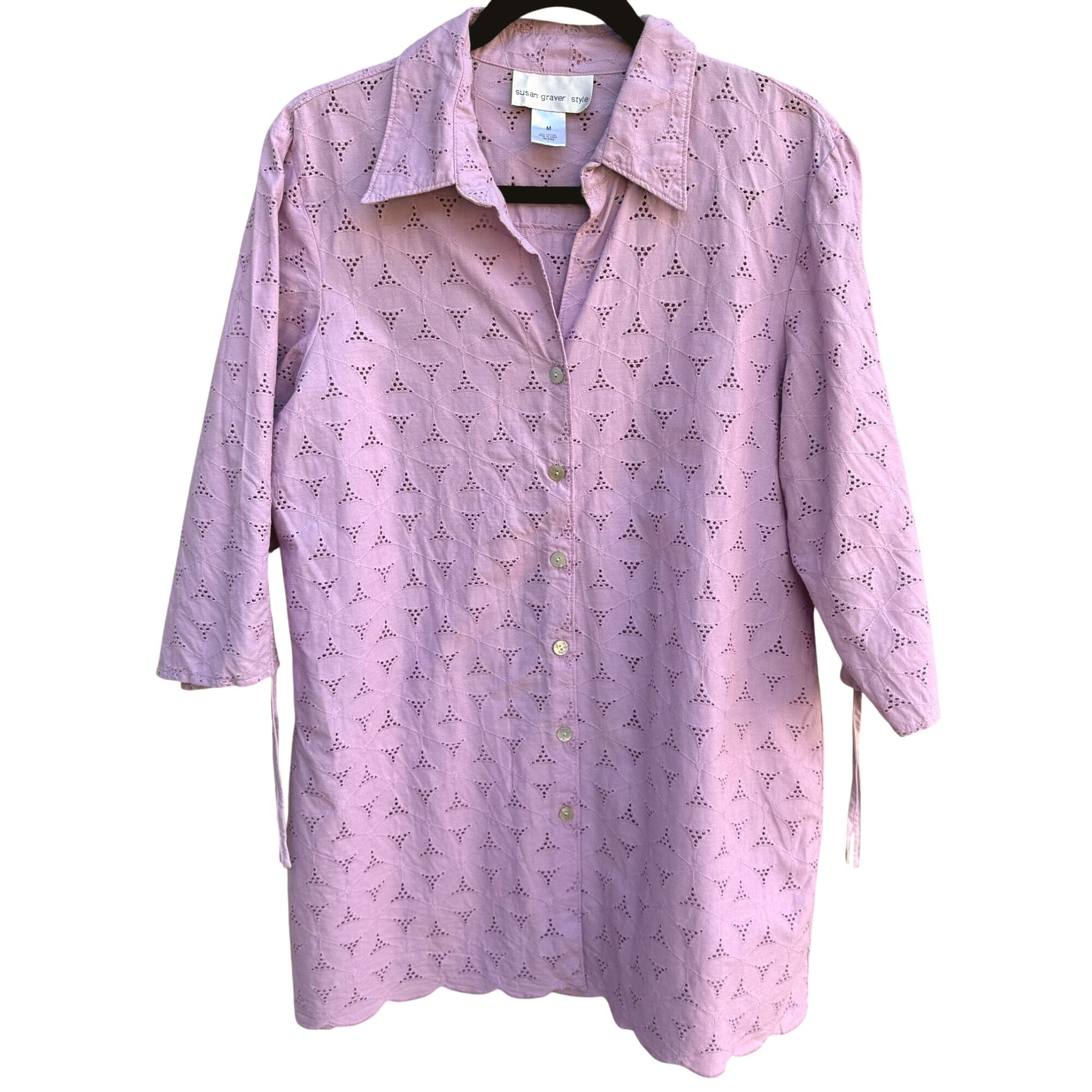 Susan Graver Style Womens Lavender Eyelet Button-Up 3/4 Sleeve Blouse - New - M