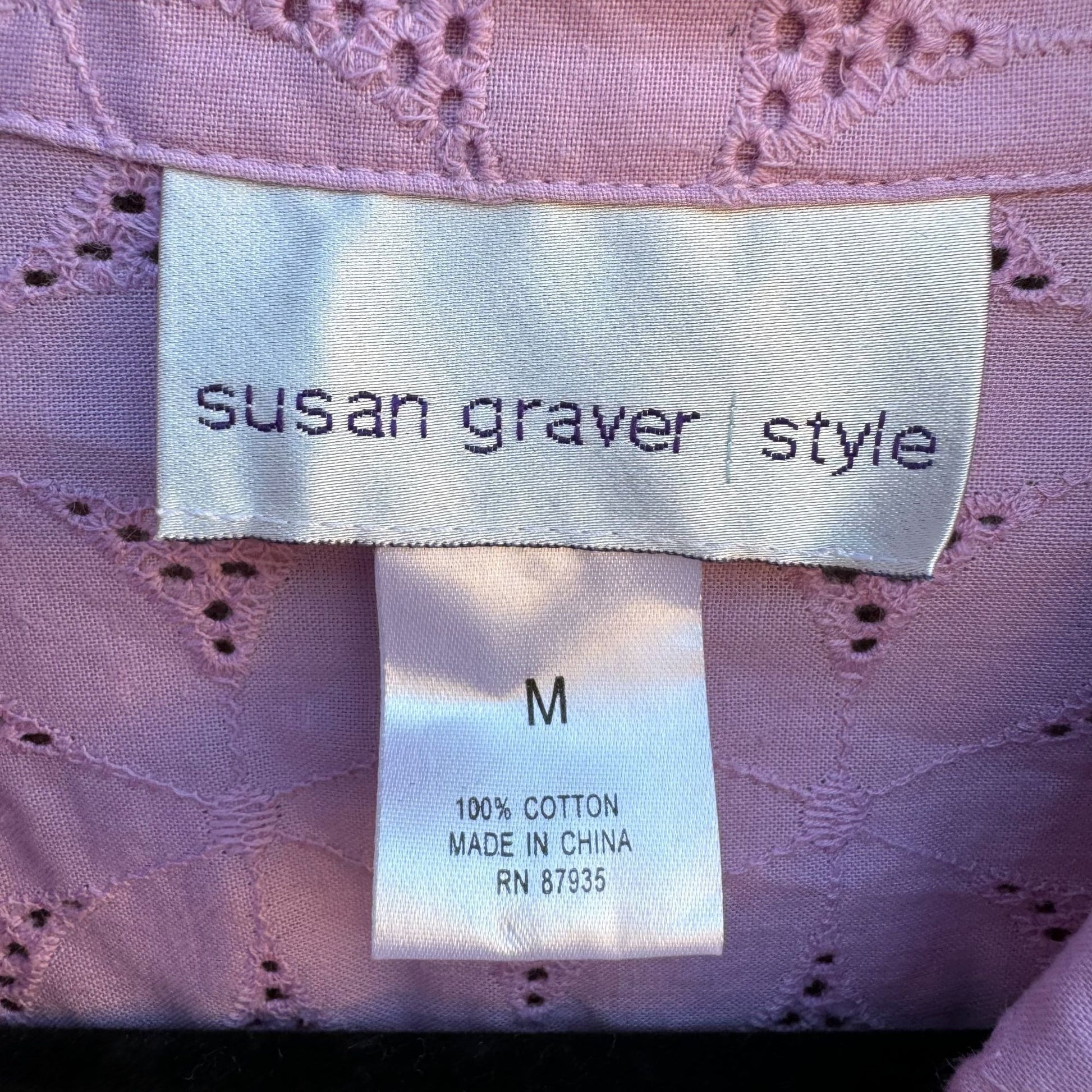 Susan Graver Style Womens Lavender Eyelet Button-Up 3/4 Sleeve Blouse - New - M