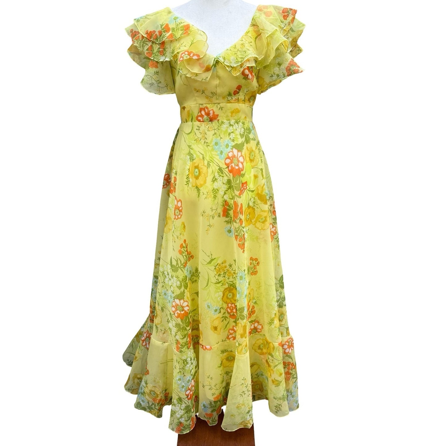 Vintage 70s Yellow Floral Chiffon Maxi Dress Ruffle Flutter Sleeve Garden Party