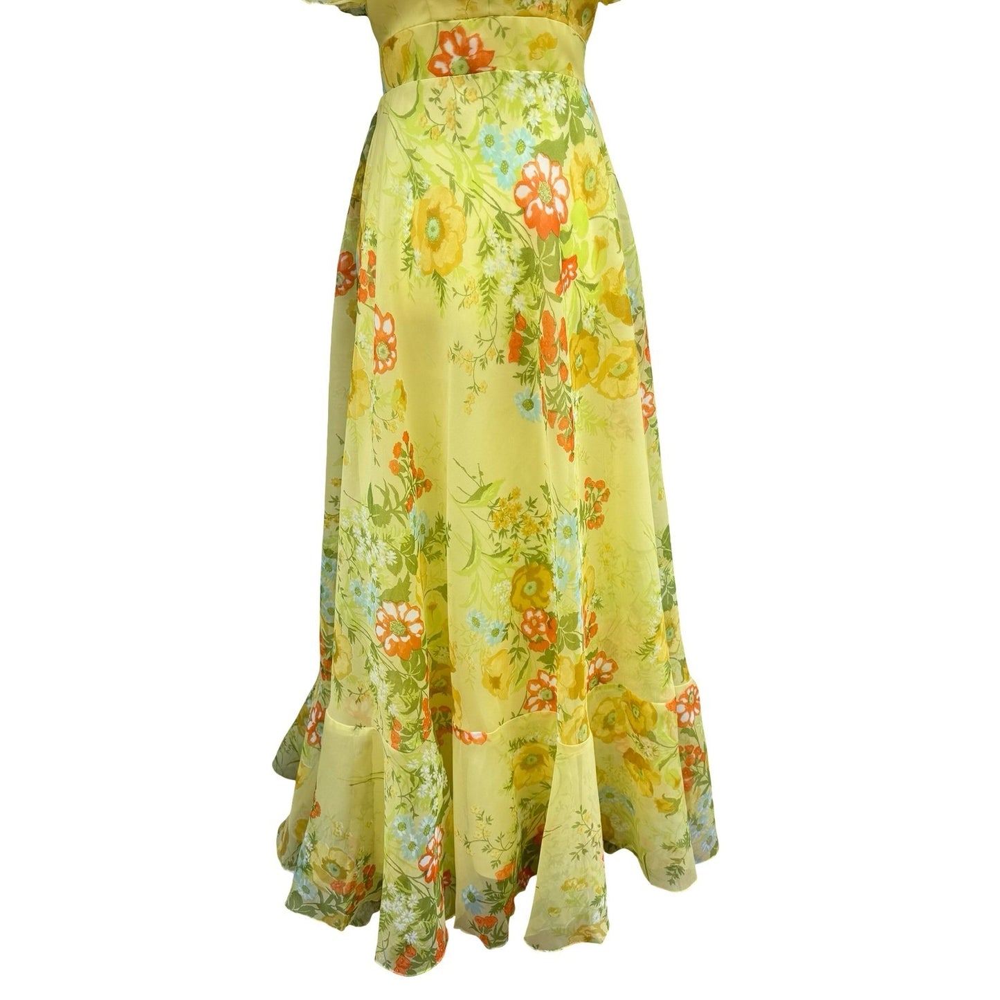 Vintage 70s Yellow Floral Chiffon Maxi Dress Ruffle Flutter Sleeve Garden Party