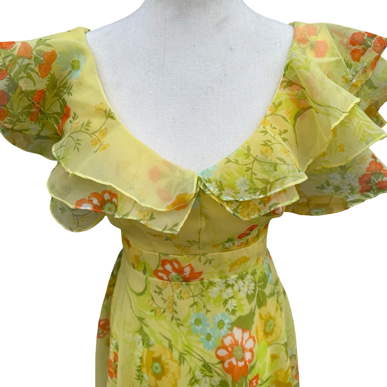 Vintage 70s Yellow Floral Chiffon Maxi Dress Ruffle Flutter Sleeve Garden Party