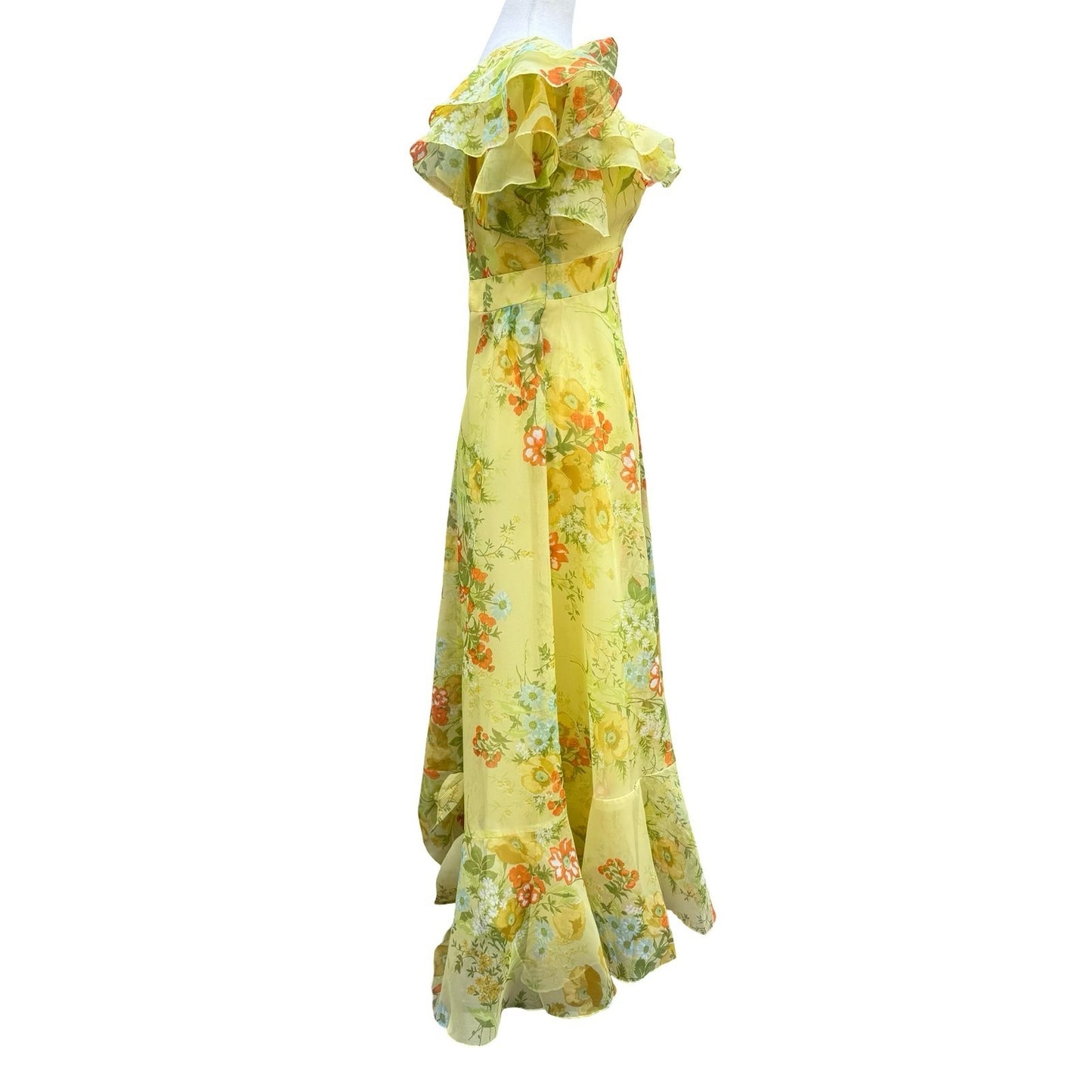 Vintage 70s Yellow Floral Chiffon Maxi Dress Ruffle Flutter Sleeve Garden Party