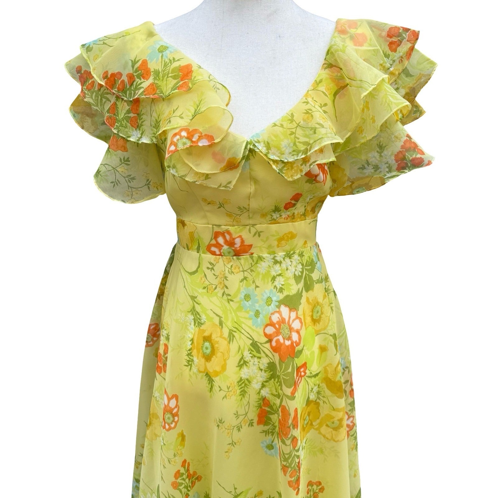 Vintage 70s Yellow Floral Chiffon Maxi Dress Ruffle Flutter Sleeve Garden Party