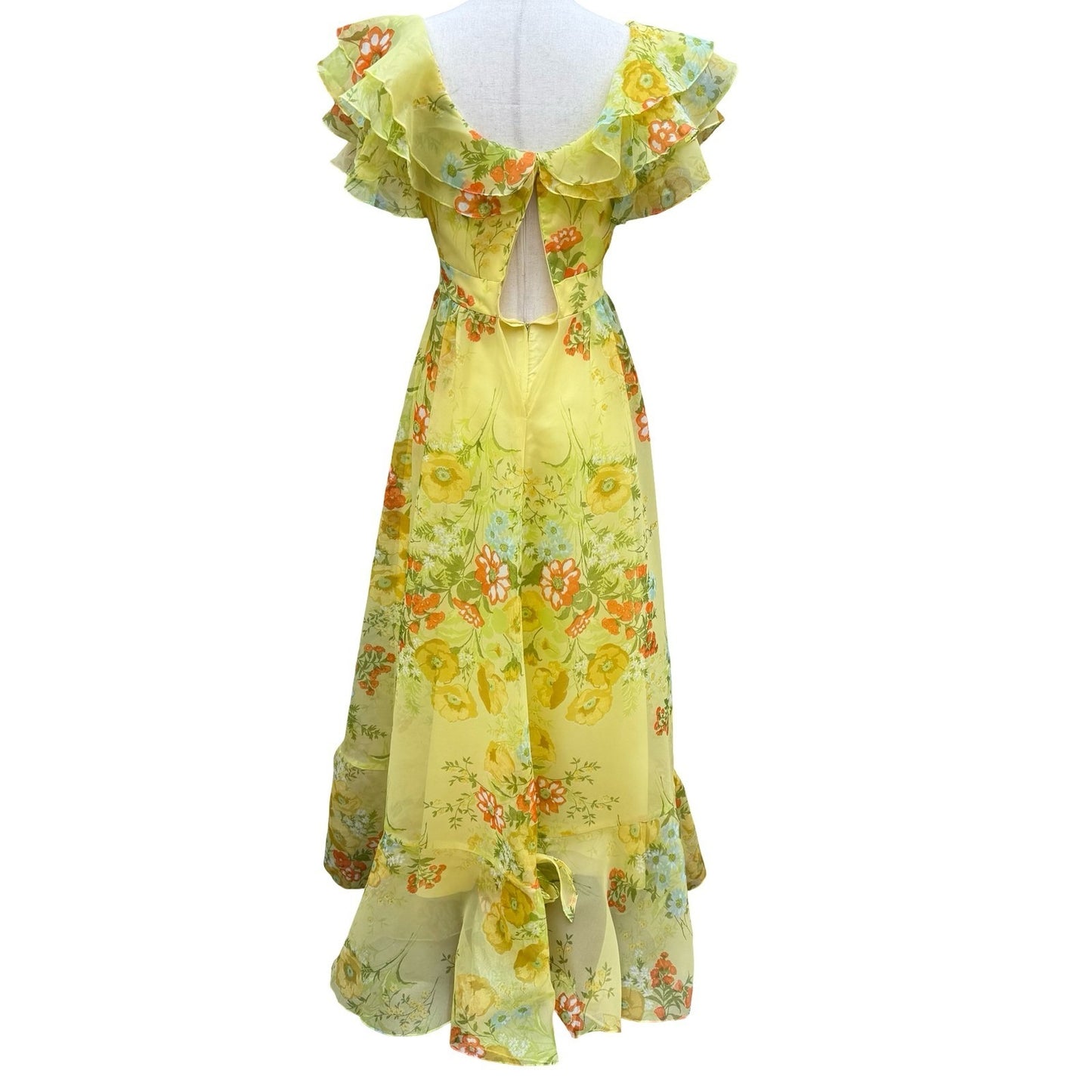Vintage 70s Yellow Floral Chiffon Maxi Dress Ruffle Flutter Sleeve Garden Party