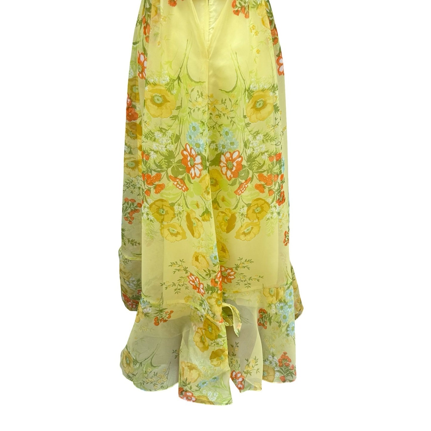 Vintage 70s Yellow Floral Chiffon Maxi Dress Ruffle Flutter Sleeve Garden Party