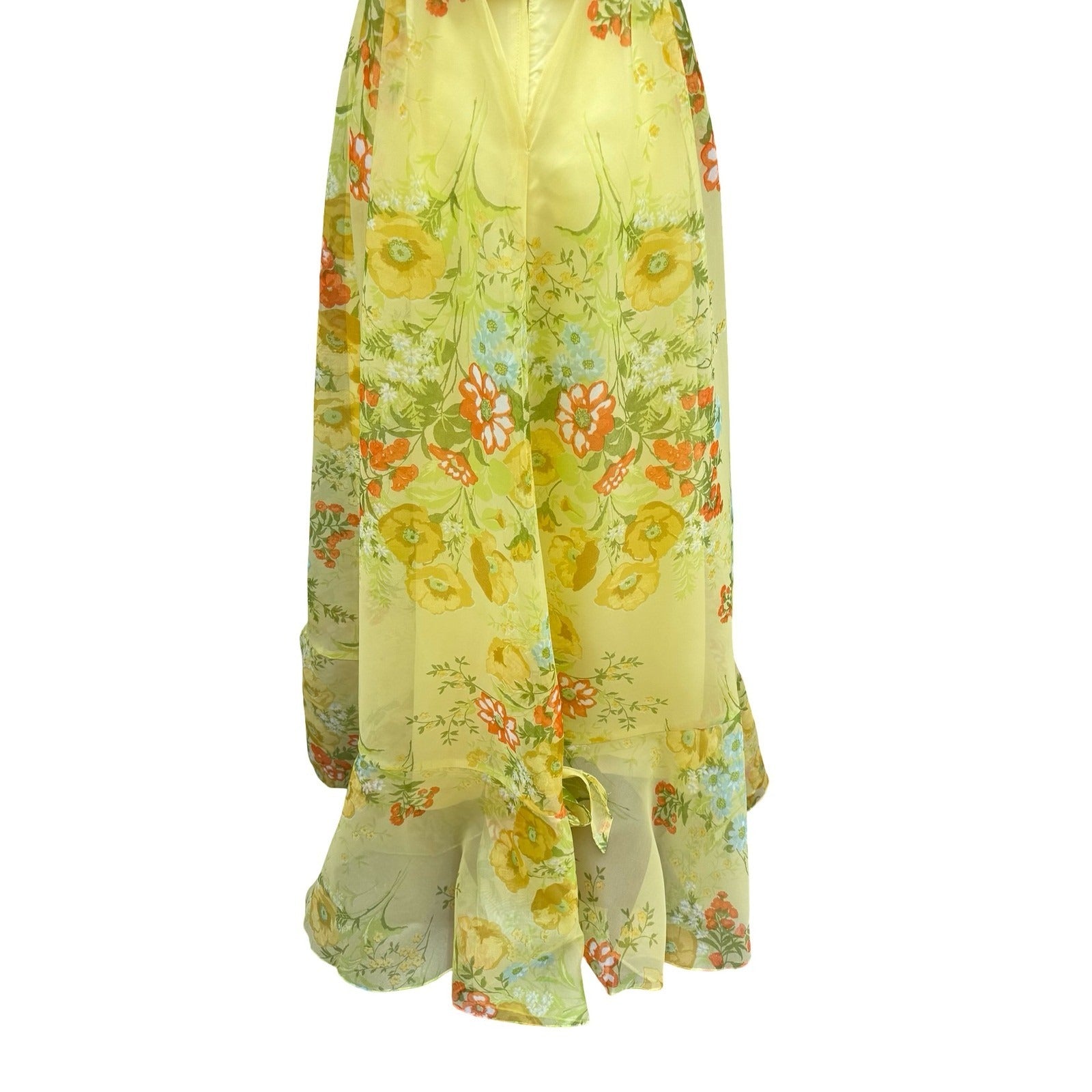 Vintage 70s Yellow Floral Chiffon Maxi Dress Ruffle Flutter Sleeve Garden Party