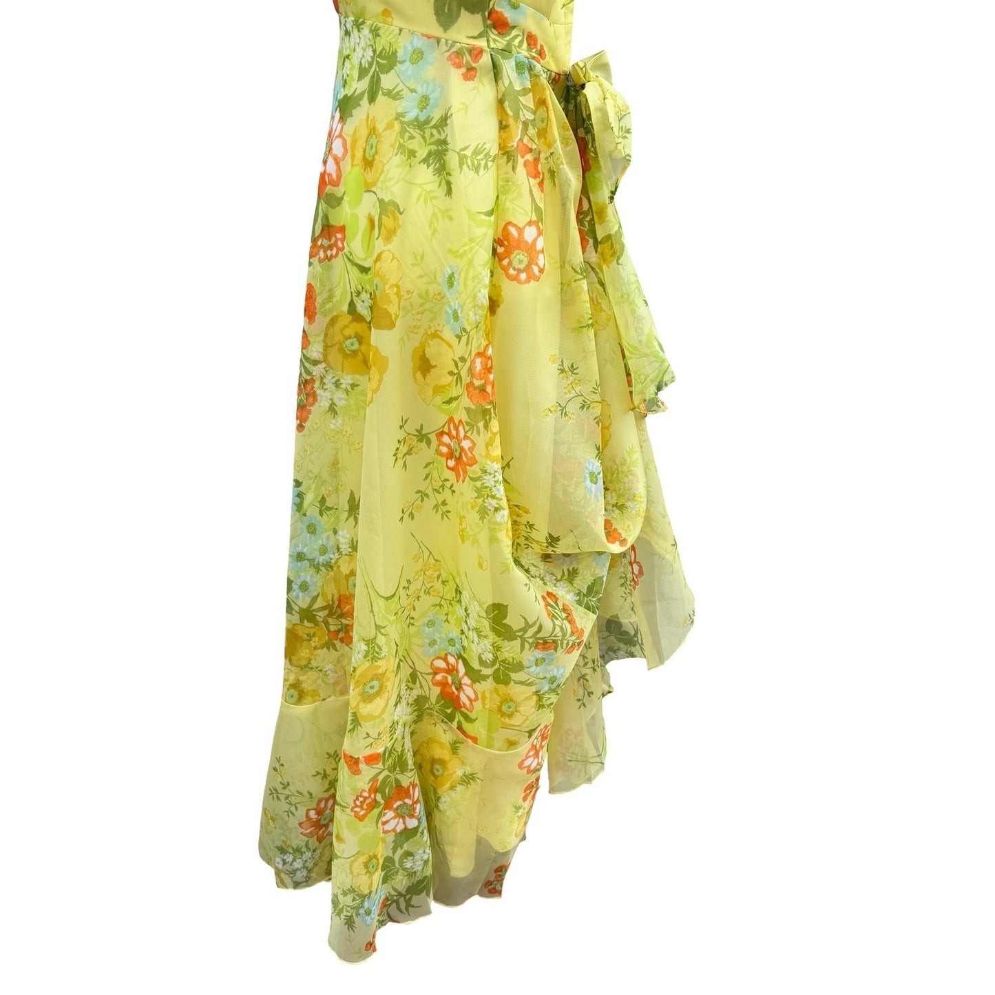 Vintage 70s Yellow Floral Chiffon Maxi Dress Ruffle Flutter Sleeve Garden Party