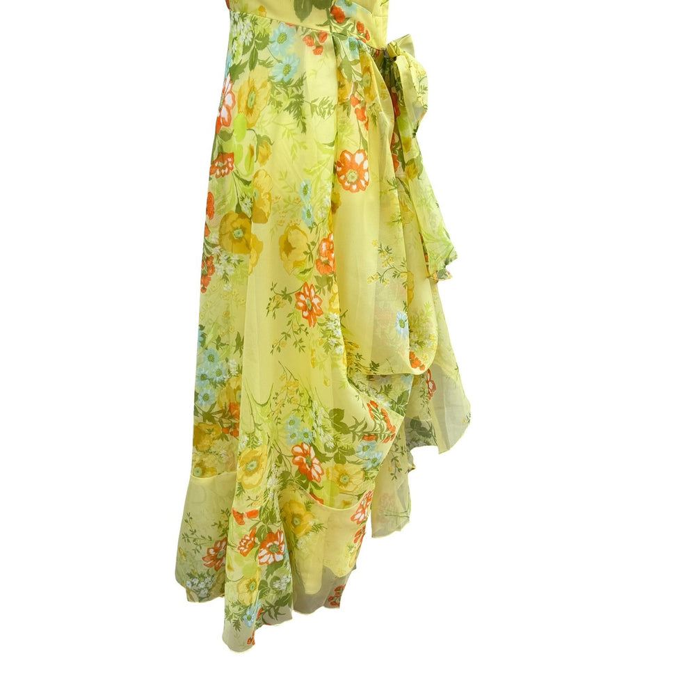 Vintage 70s Yellow Floral Chiffon Maxi Dress Ruffle Flutter Sleeve Garden Party