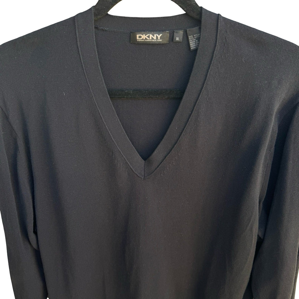 DKNY Minimalist Preppy Quiet Luxury V-Neck Layering Knit Sweater Black Mens XL