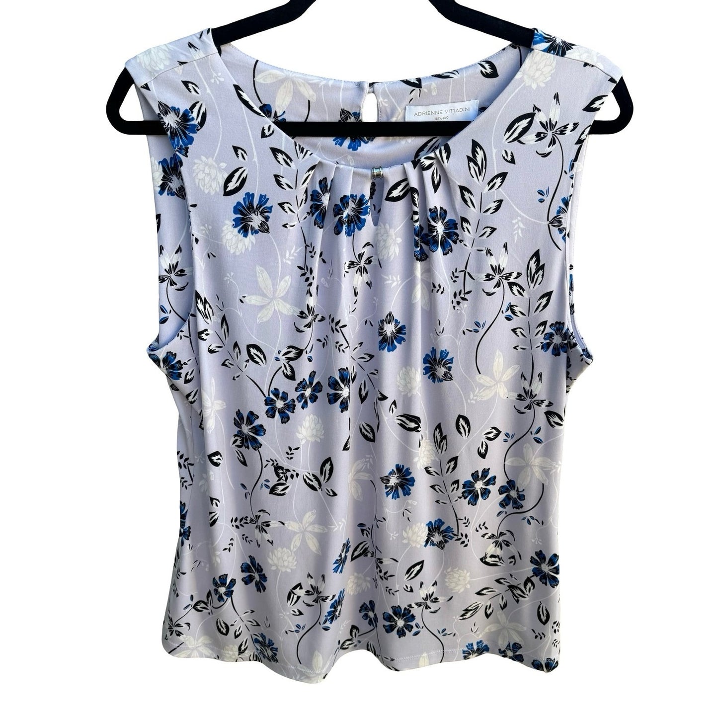 Adrienne Vittadini Studio Professional Floral Sleeveless Pleated Neck Blouse L