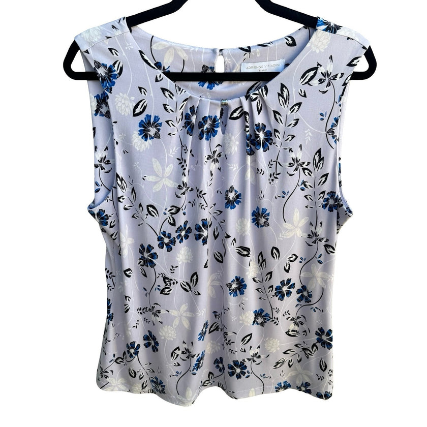 Adrienne Vittadini Studio Professional Floral Sleeveless Pleated Neck Blouse L