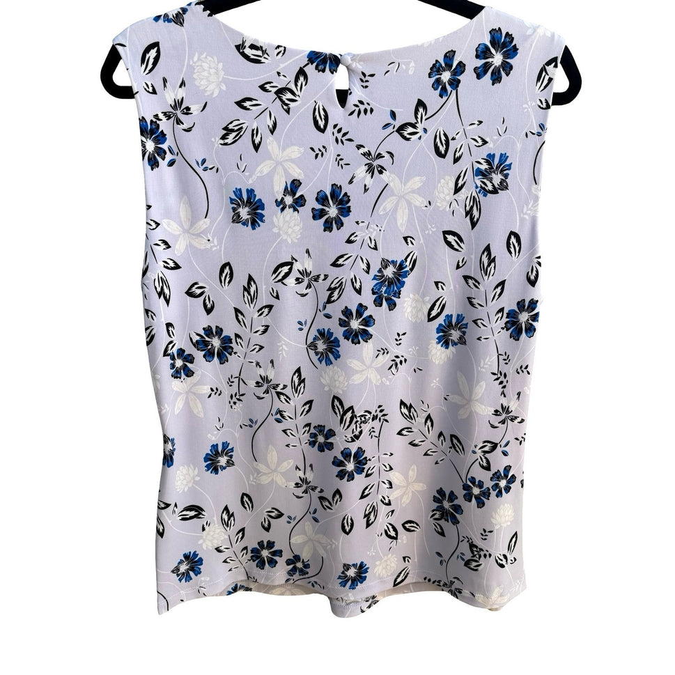 Adrienne Vittadini Studio Professional Floral Sleeveless Pleated Neck Blouse L