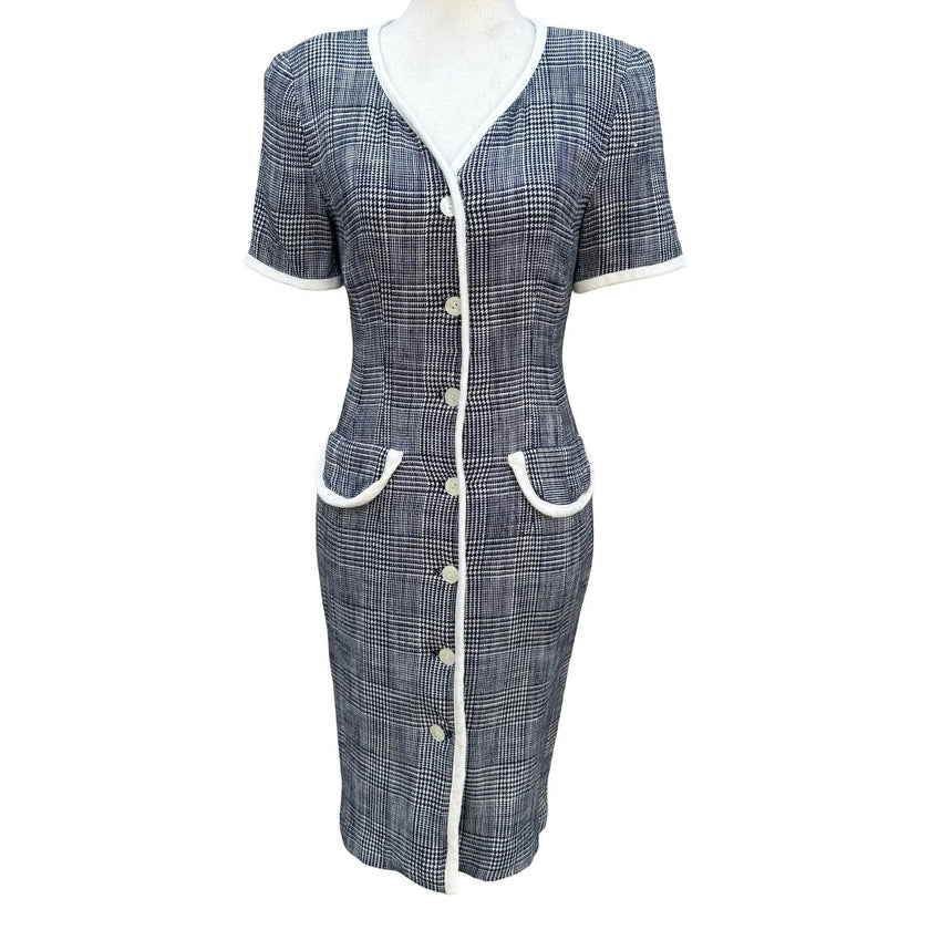 Maggy London Kenneth Nolan Vintage 90s Glen Plaid Button Front Midi Sheath Dress