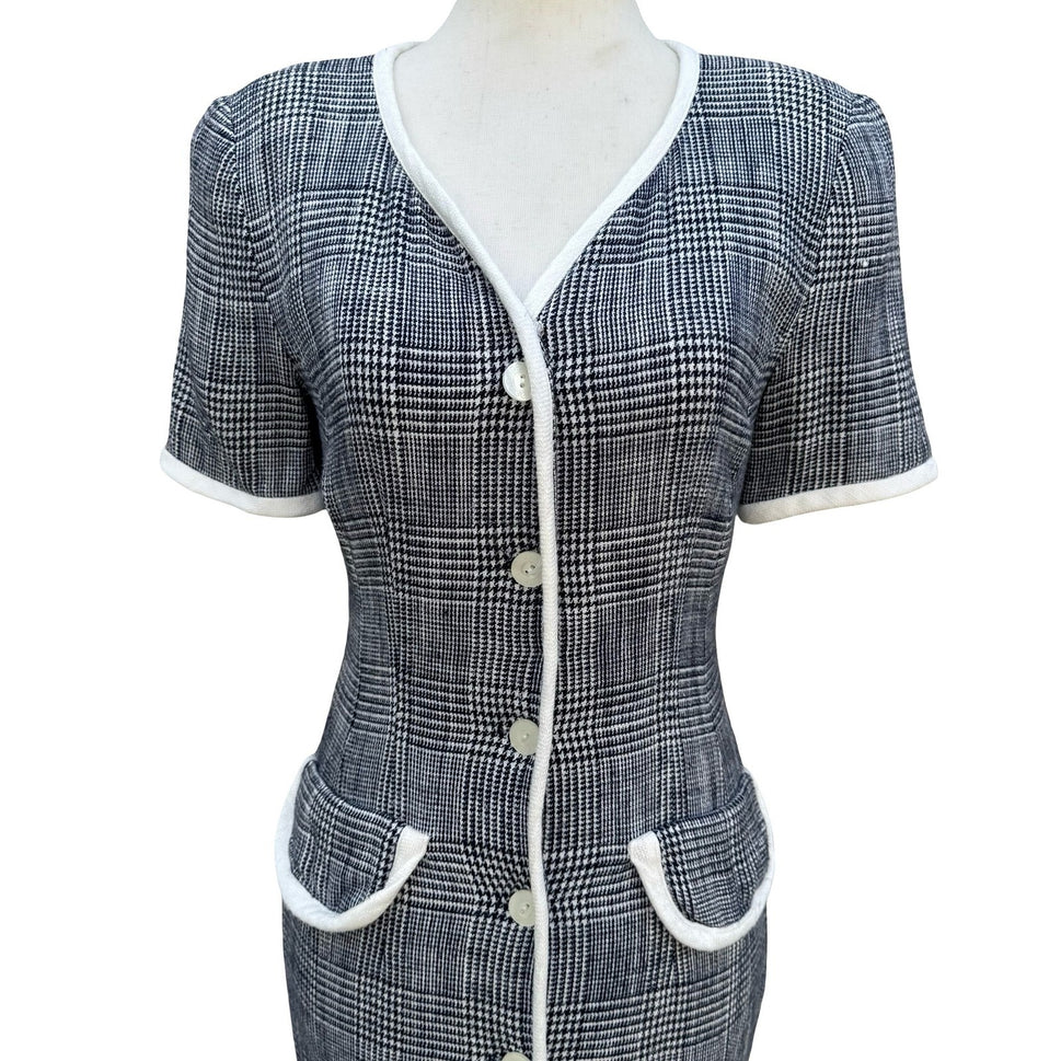 Maggy London Kenneth Nolan Vintage 90s Glen Plaid Button Front Midi Sheath Dress
