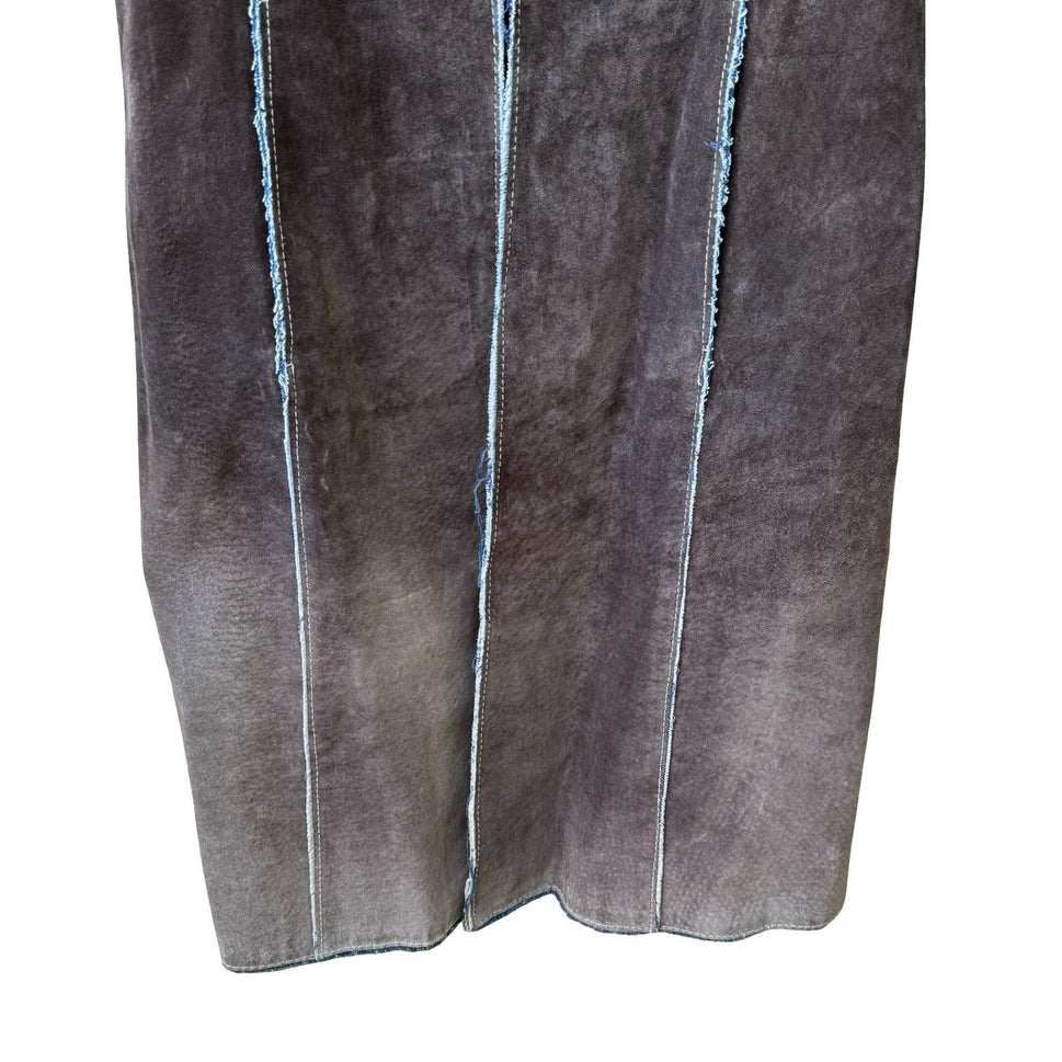 Jane Doe Y2K Suede Denim Contrast Stitch Raw Edge Trench Jacket Brown Womens XS