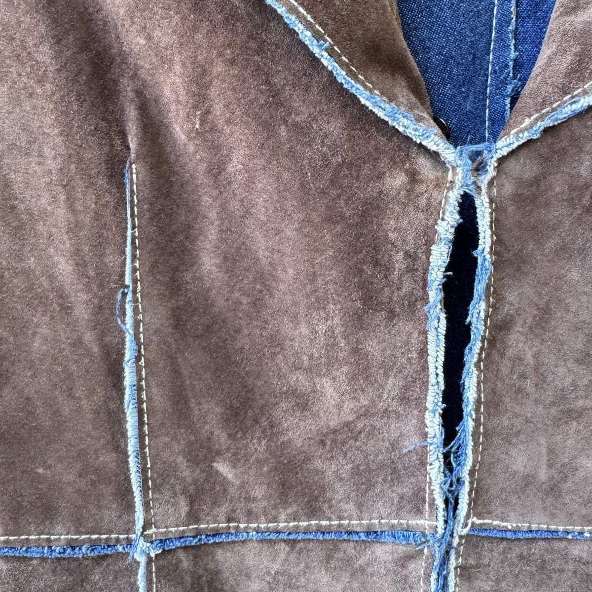 Jane Doe Y2K Suede Denim Contrast Stitch Raw Edge Trench Jacket Brown Womens XS