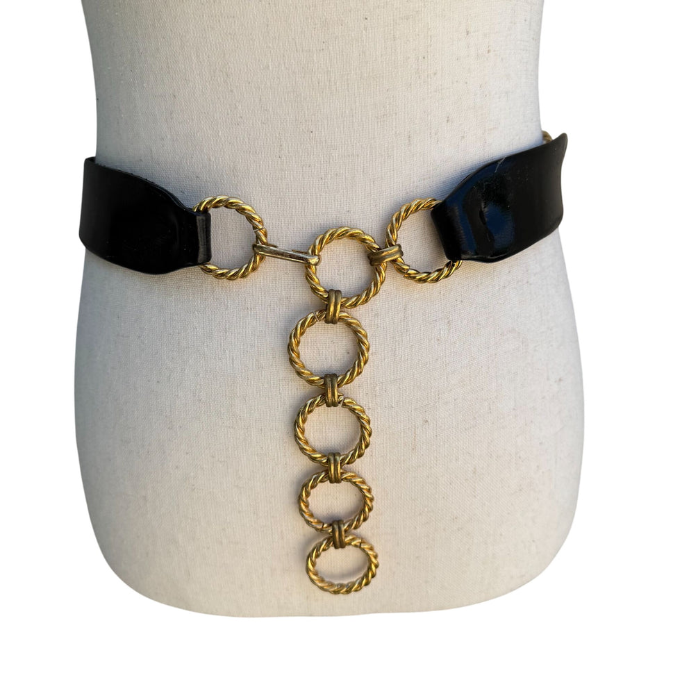 Morris Moskowitz Vintage Black Patent Leather Gold-Tone Chain Link Adjustable Belt
