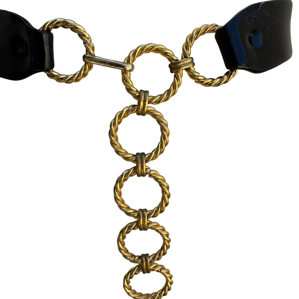 Morris Moskowitz Vintage Black Patent Leather Gold-Tone Chain Link Adjustable Belt