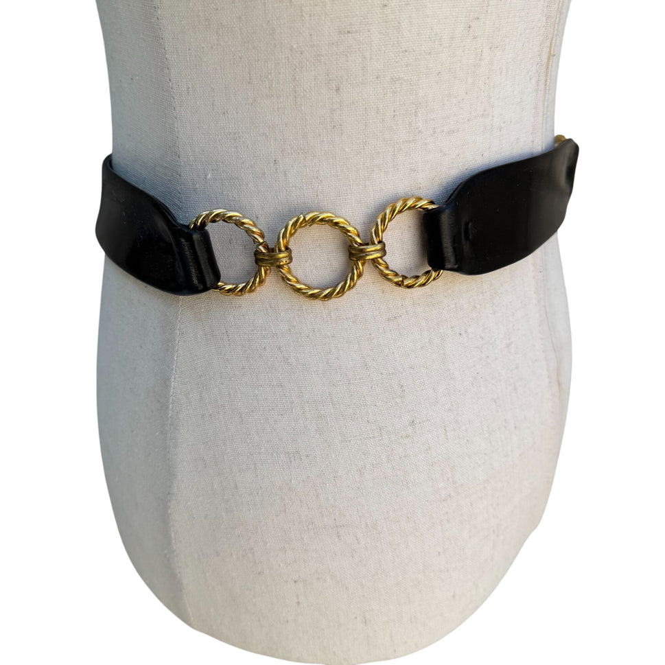 Morris Moskowitz Vintage Black Patent Leather Gold-Tone Chain Link Adjustable Belt