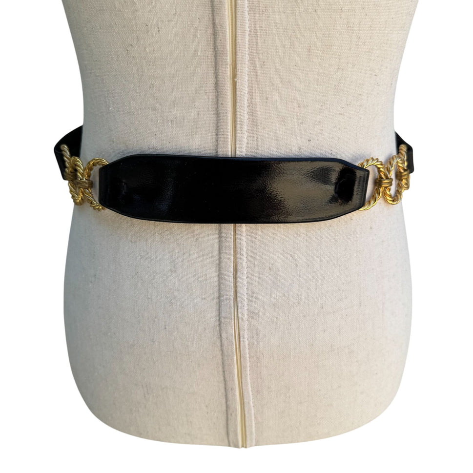 Morris Moskowitz Vintage Black Patent Leather Gold-Tone Chain Link Adjustable Belt