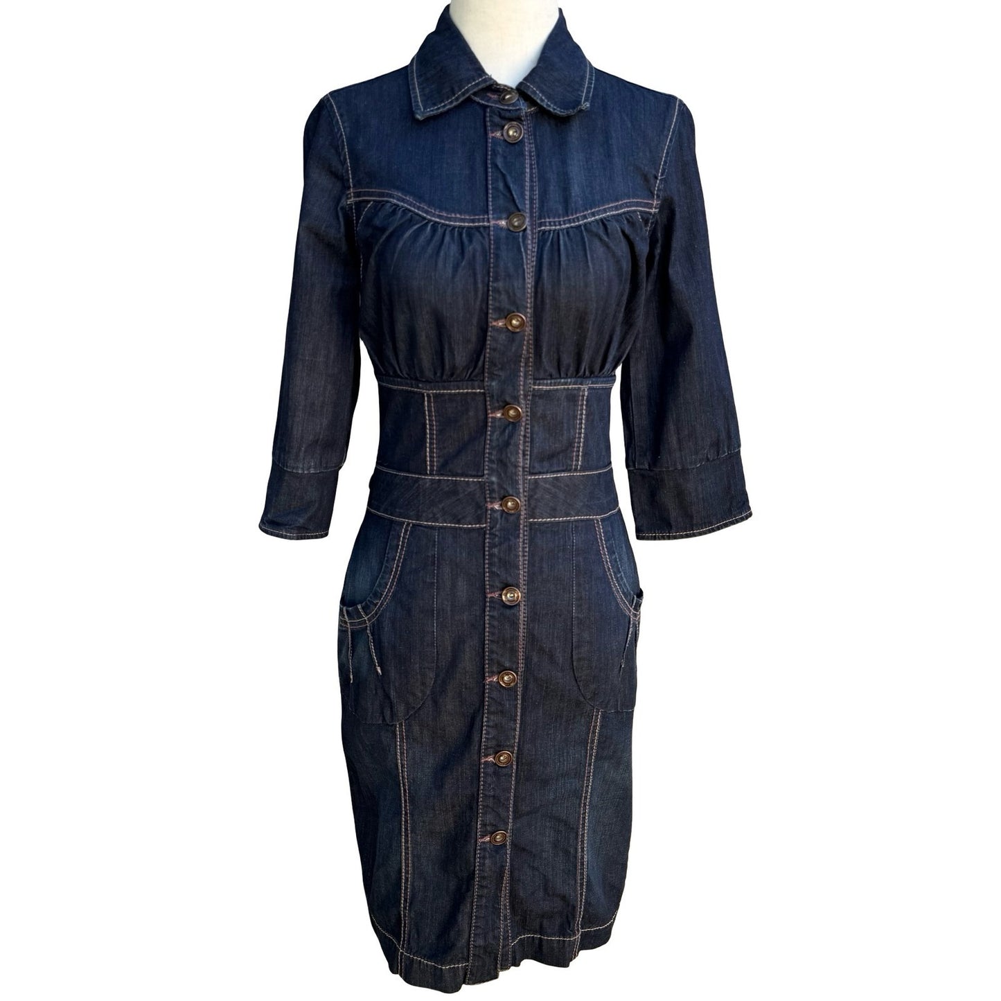 Fornarina Y2K Coquette Western Denim Midi Dress Contrast Stitch Corset Waist