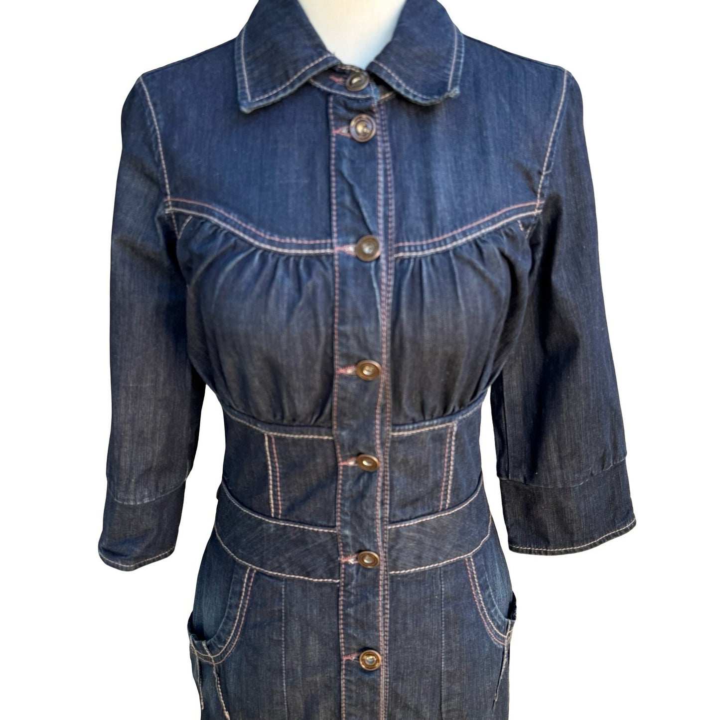 Fornarina Y2K Coquette Western Denim Midi Dress Contrast Stitch Corset Waist