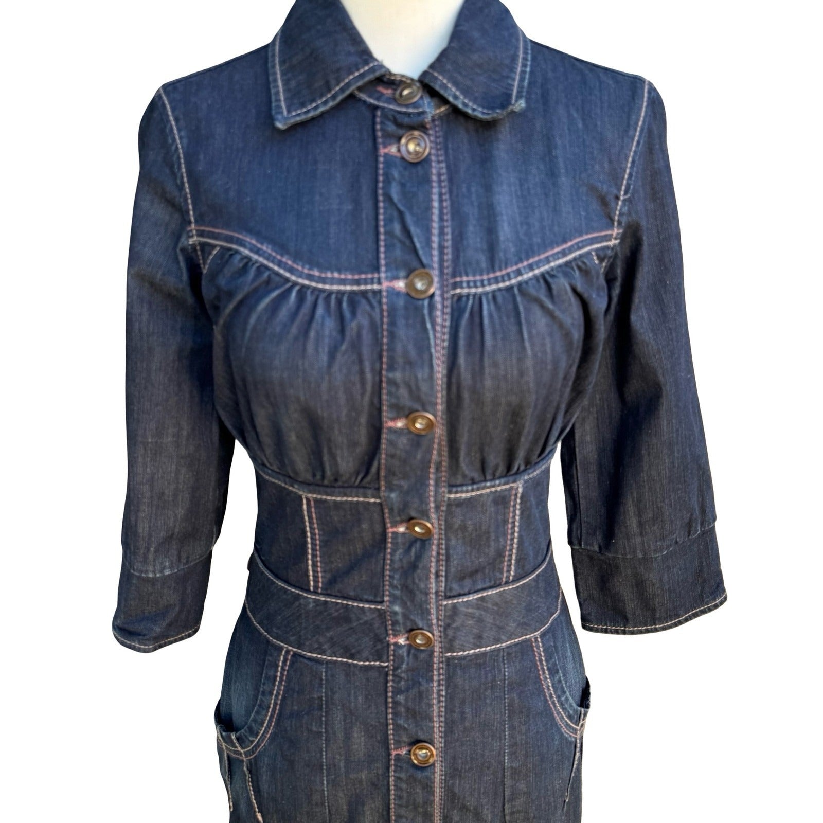 Fornarina Y2K Coquette Western Denim Midi Dress Contrast Stitch Corset Waist