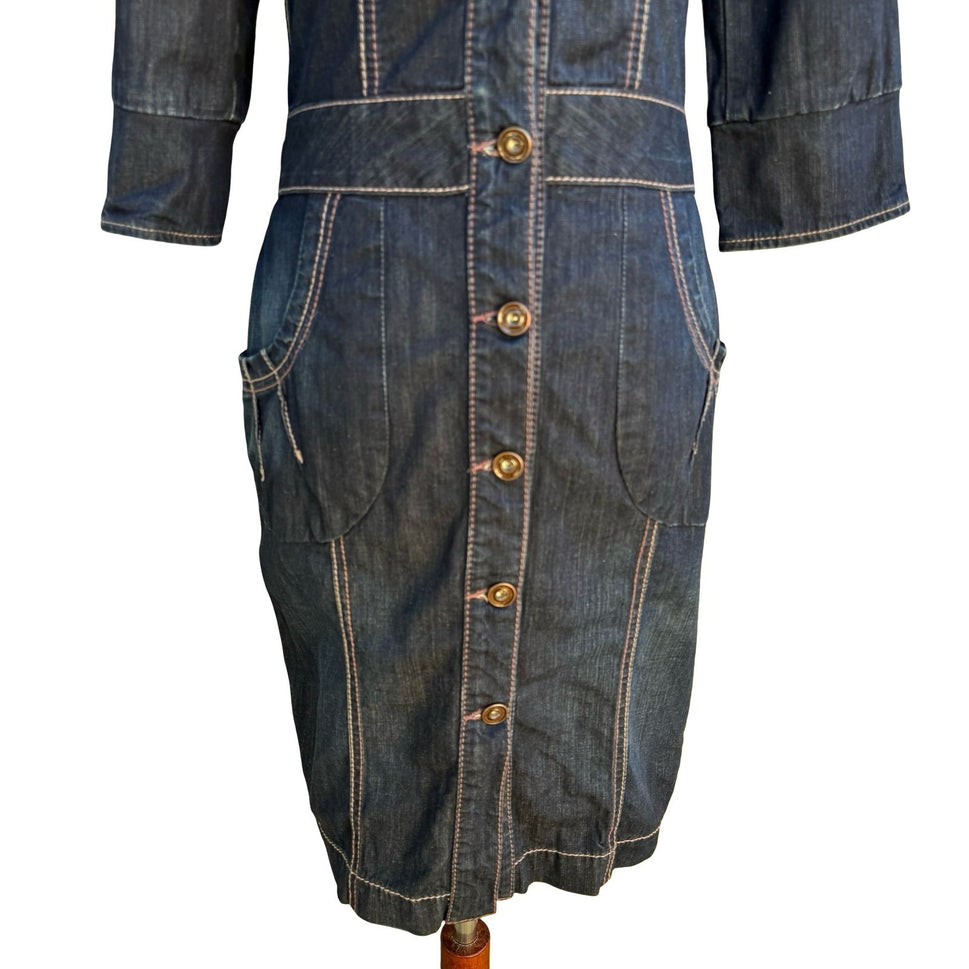 Fornarina Y2K Coquette Western Denim Midi Dress Contrast Stitch Corset Waist