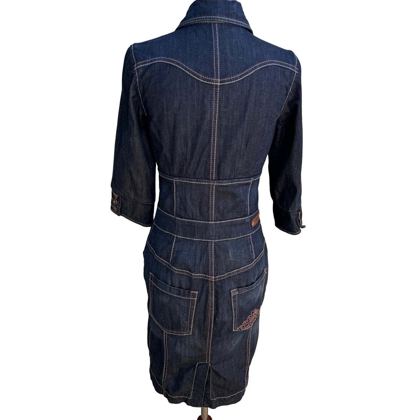 Fornarina Y2K Coquette Western Denim Midi Dress Contrast Stitch Corset Waist