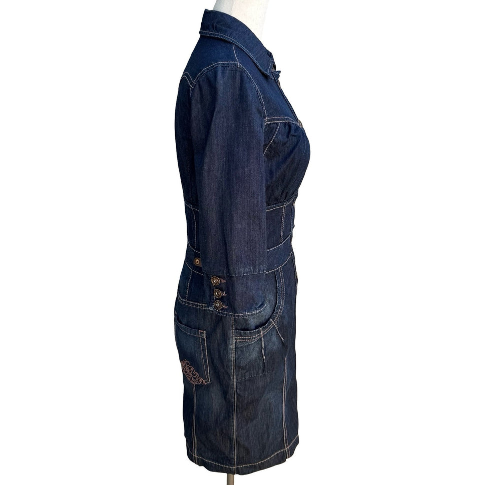 Fornarina Y2K Coquette Western Denim Midi Dress Contrast Stitch Corset Waist