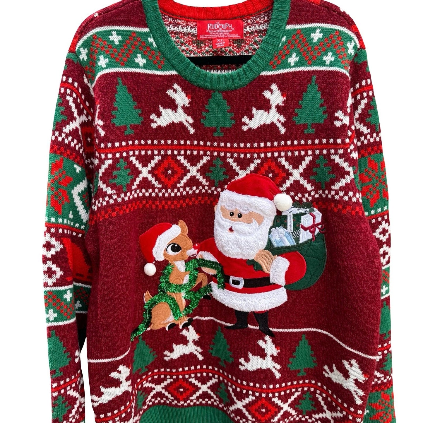 Rudolph Red-Nosed Reindeer Ugly Christmas Sweater Santa XL Red Fair Isle Kitschy