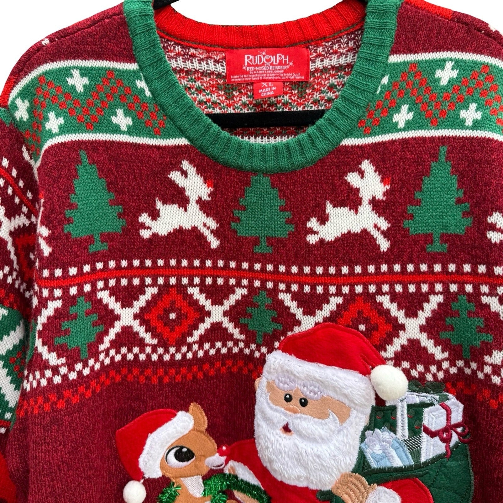 Rudolph Red-Nosed Reindeer Ugly Christmas Sweater Santa XL Red Fair Isle Kitschy