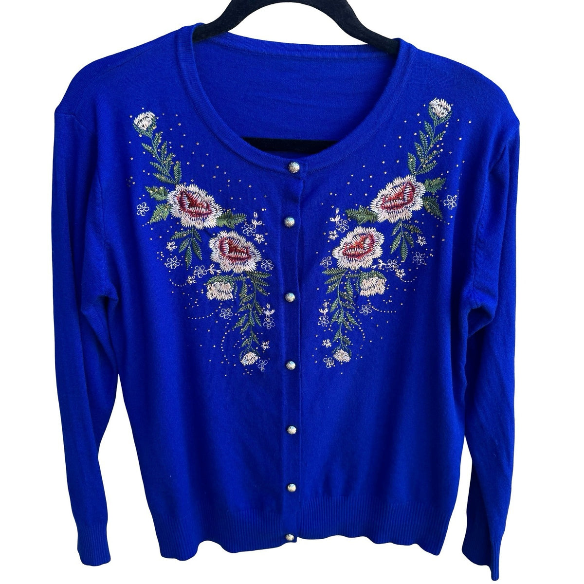 Vintage Cottagecore Grandmacore Feminine Floral Embroidered Beaded Knit Cardigan
