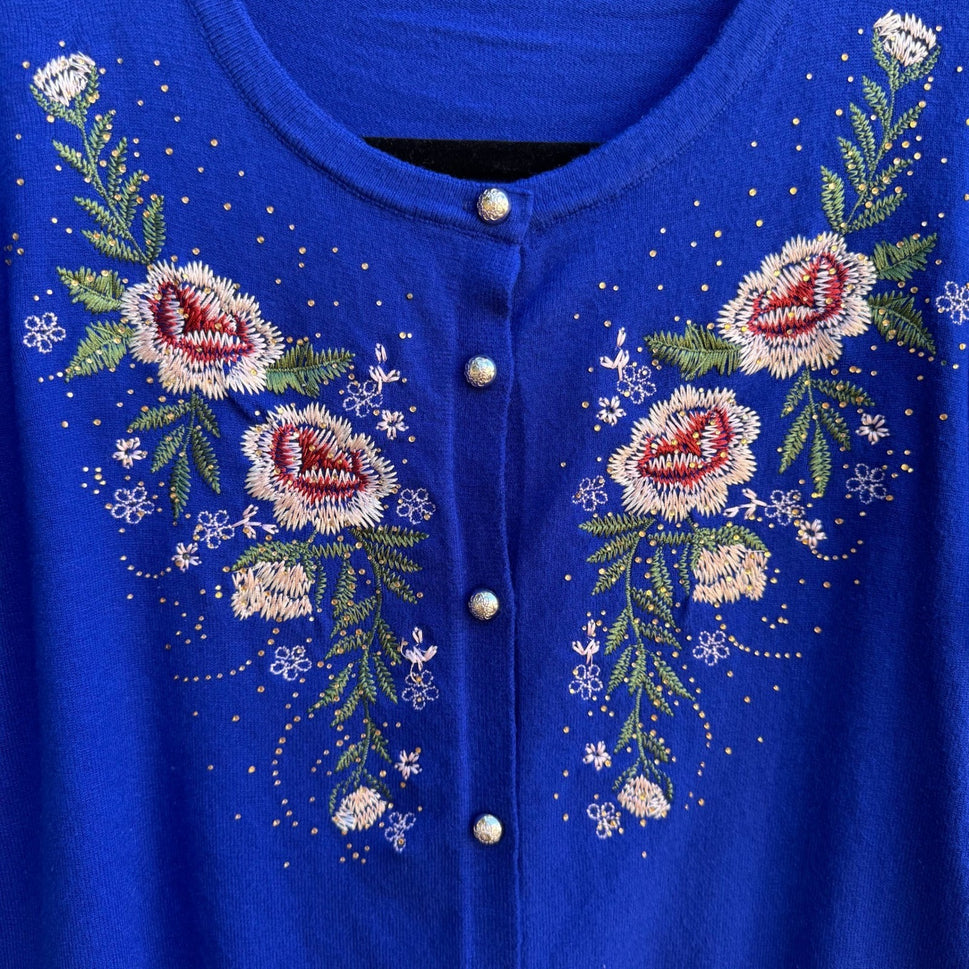 Vintage Cottagecore Grandmacore Feminine Floral Embroidered Beaded Knit Cardigan