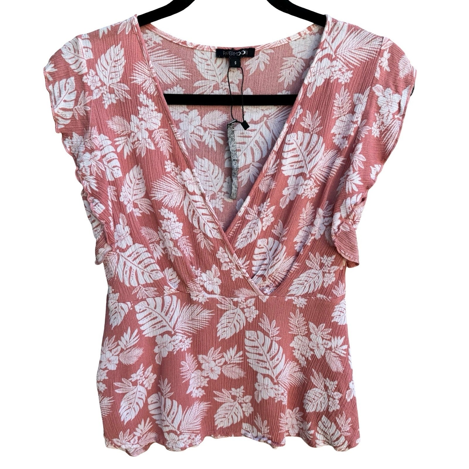 Papermoon Tropical Floral Beachy Boho Girly Surplice Ruffle Top Pink Womens S