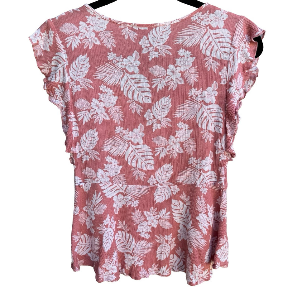 Papermoon Tropical Floral Beachy Boho Girly Surplice Ruffle Top Pink Womens S